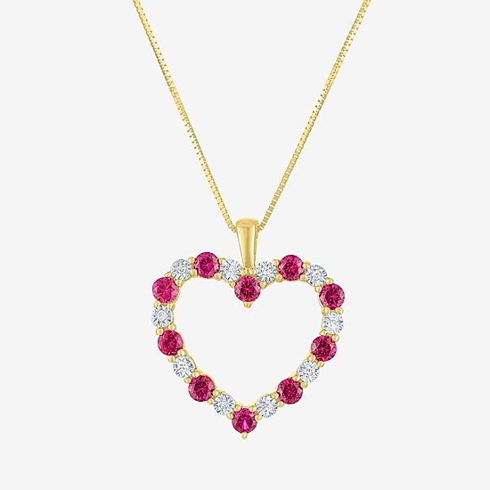 Womens Diamond Accent Lab Created Red Ruby 10K Gold Heart 18 Inch Pendant Necklace