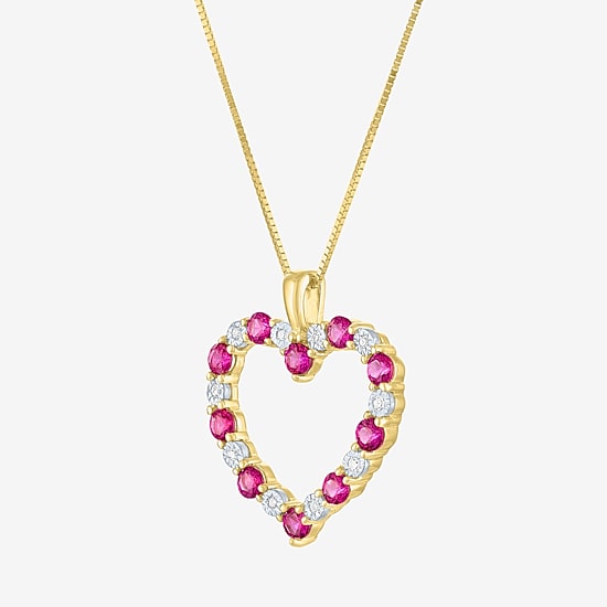 Womens Diamond Accent Lab Created Red Ruby 10K Gold Heart 18 Inch Pendant Necklace