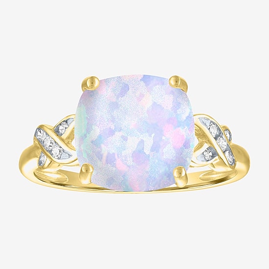 Womens Diamond Accent Gemstone 10K Gold Side Stone Cushion Cocktail Ring