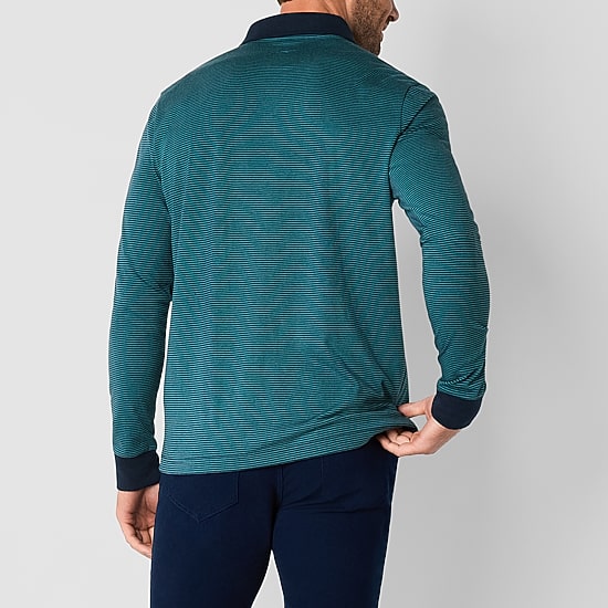 St. John's Bay Mini Striped Super Soft Jersey Mens Classic Fit Long Sleeve Polo Shirt