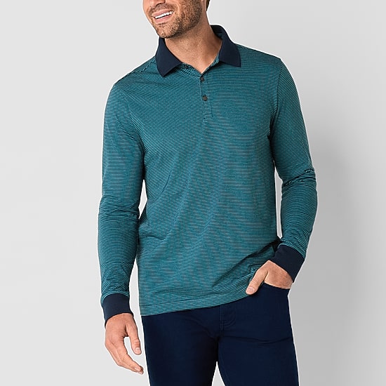 St. John's Bay Mini Striped Super Soft Jersey Mens Classic Fit Long Sleeve Polo Shirt
