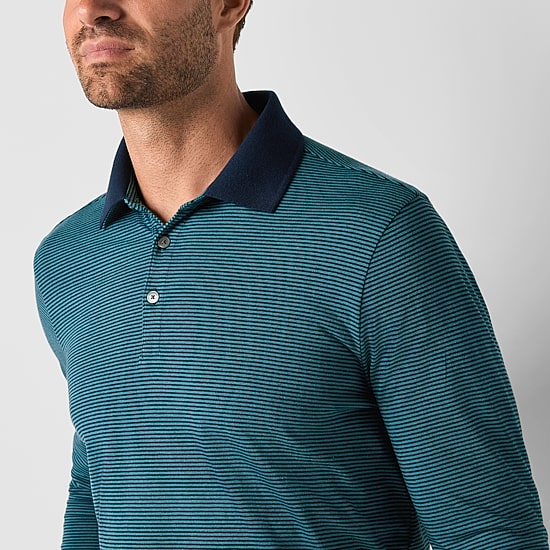 St. John's Bay Mini Striped Super Soft Jersey Mens Classic Fit Long Sleeve Polo Shirt