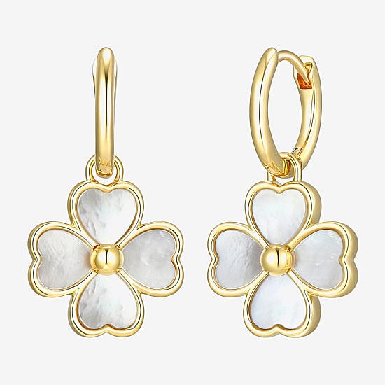 Womens White Mother Of Pearl 18K Gold Over Silver 25.3mm Flower Hoop Earrings
