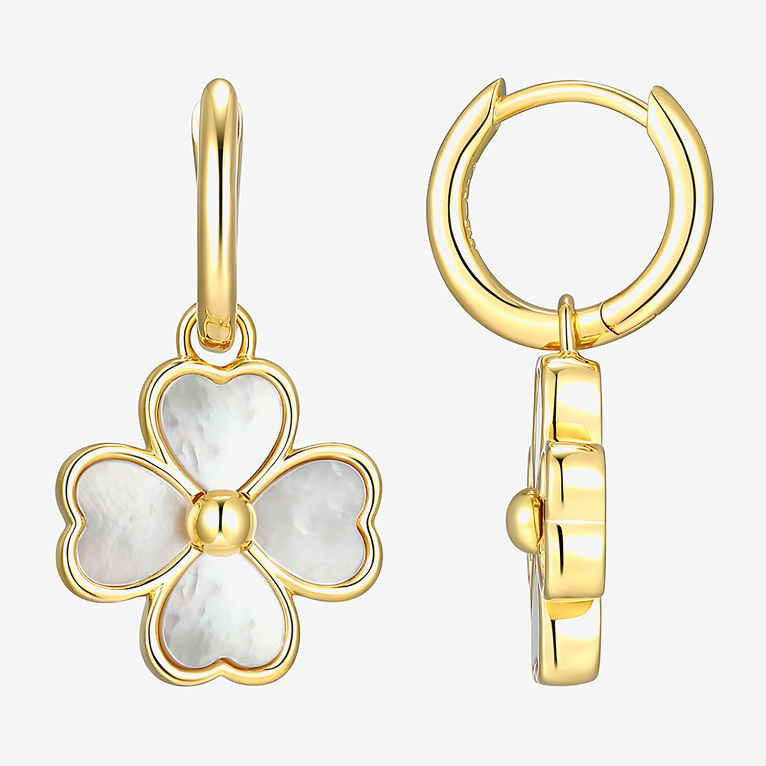 Womens White Mother Of Pearl 18K Gold Over Silver 25.3mm Flower Hoop Earrings