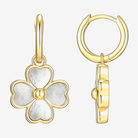 Womens White Mother Of Pearl 18K Gold Over Silver 25.3mm Flower Hoop Earrings