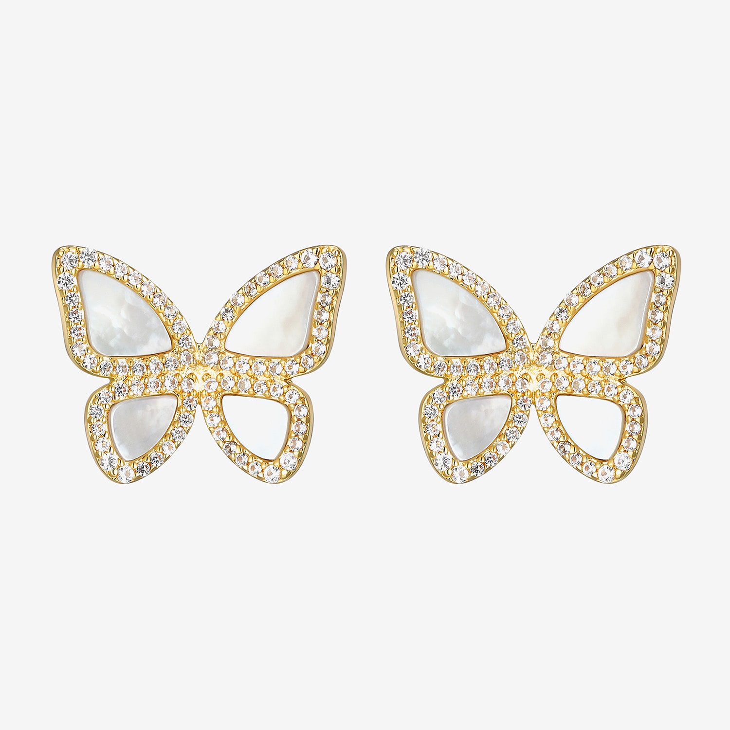 White Mother Of Pearl 18K Gold Over Silver 13.1mm Butterfly Stud Earrings