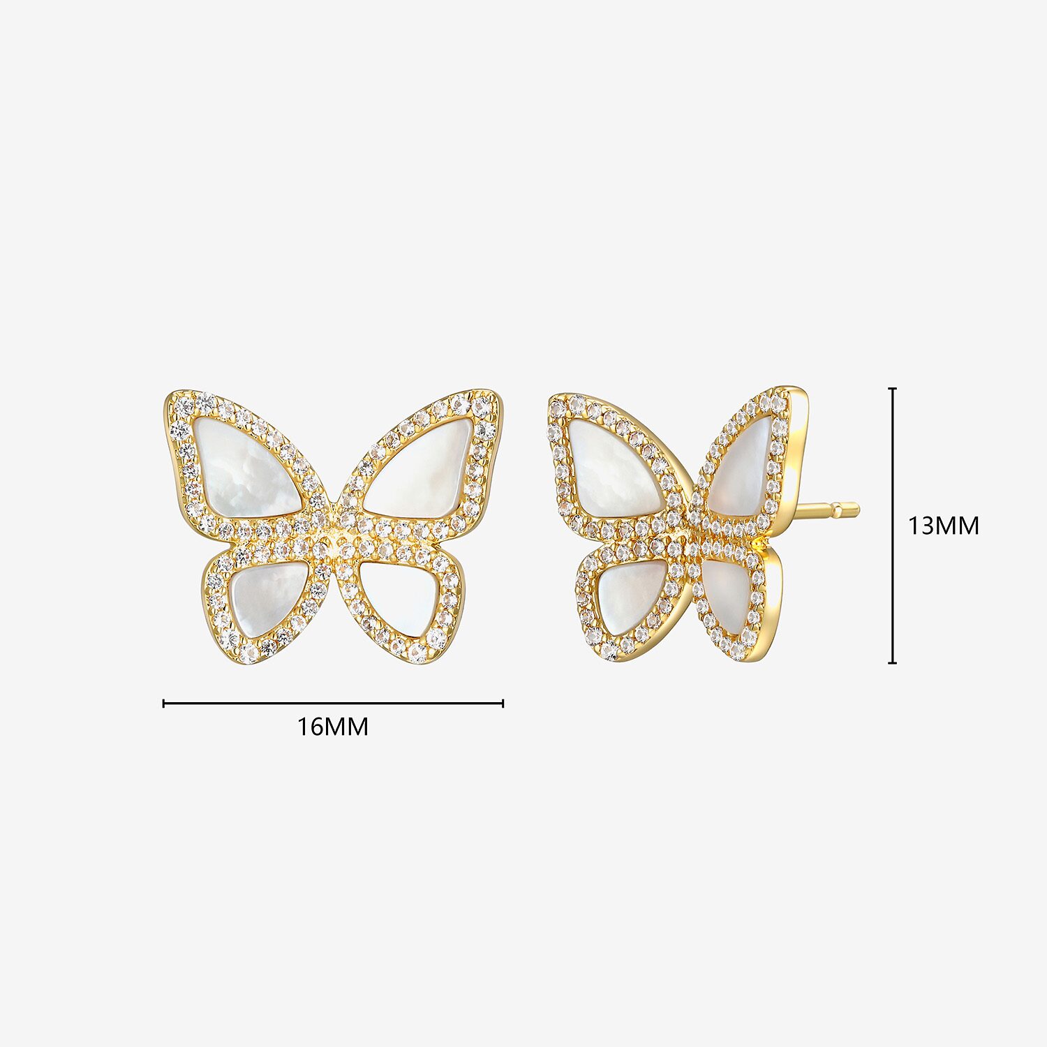White Mother Of Pearl 18K Gold Over Silver 13.1mm Butterfly Stud Earrings
