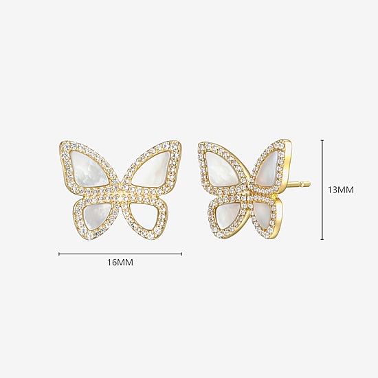 White Mother Of Pearl 18K Gold Over Silver 13.1mm Butterfly Stud Earrings