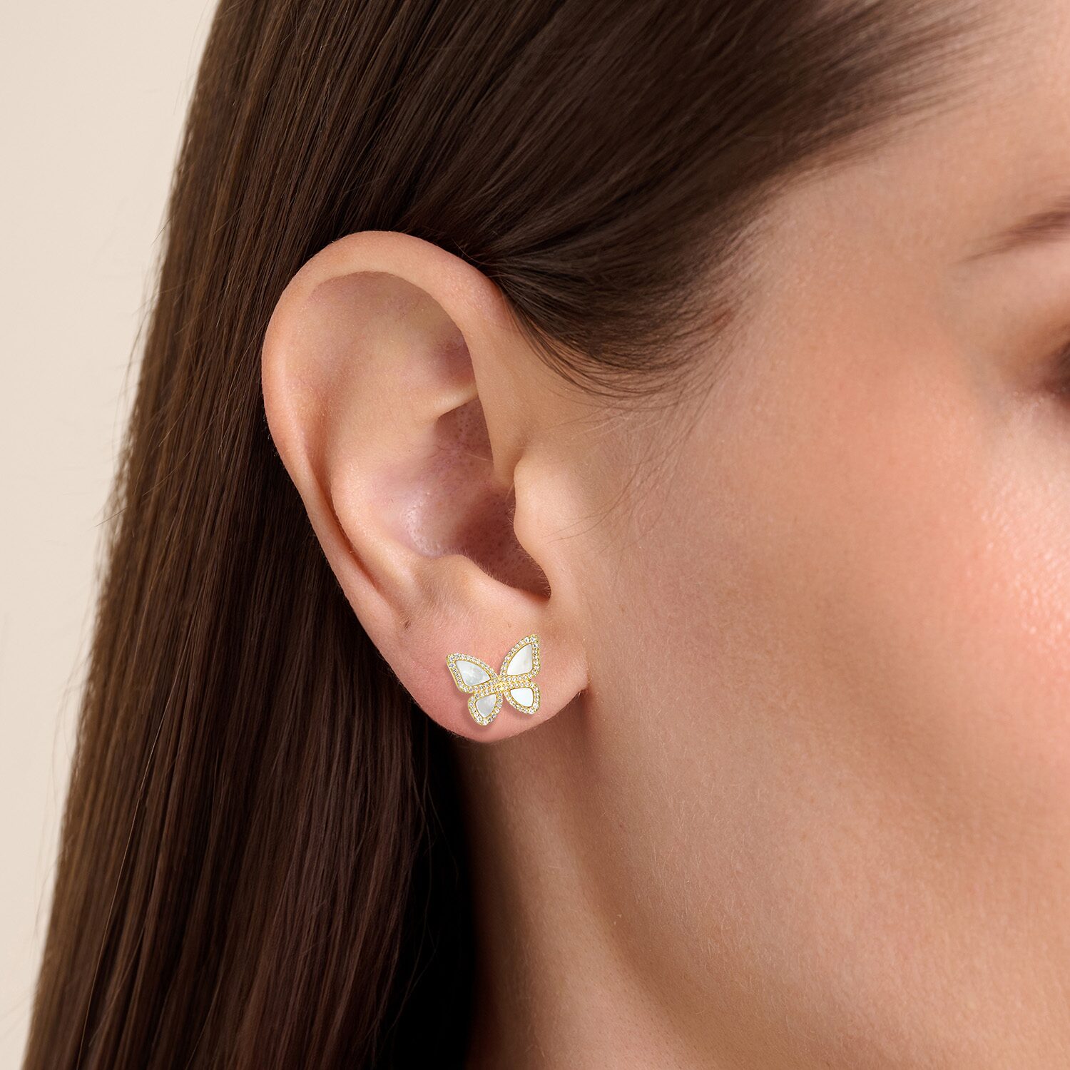 White Mother Of Pearl 18K Gold Over Silver 13.1mm Butterfly Stud Earrings