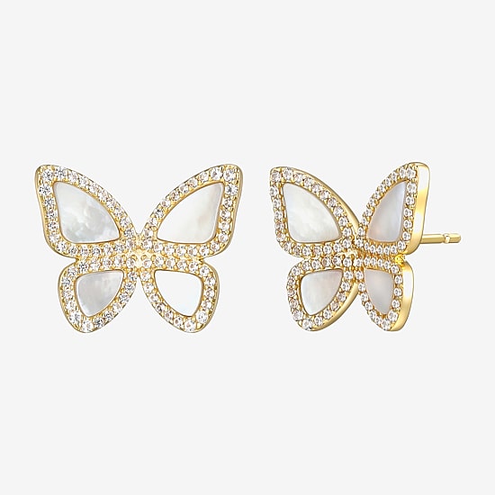 White Mother Of Pearl 18K Gold Over Silver 13.1mm Butterfly Stud Earrings