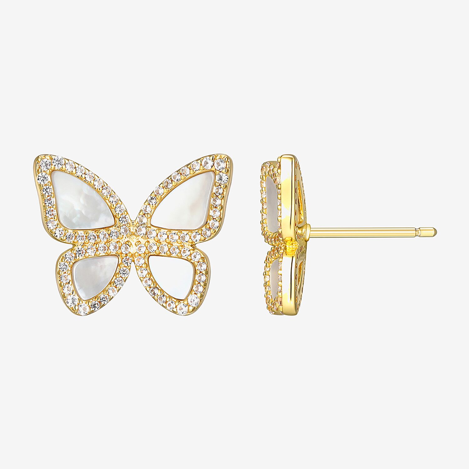 White Mother Of Pearl 18K Gold Over Silver 13.1mm Butterfly Stud Earrings