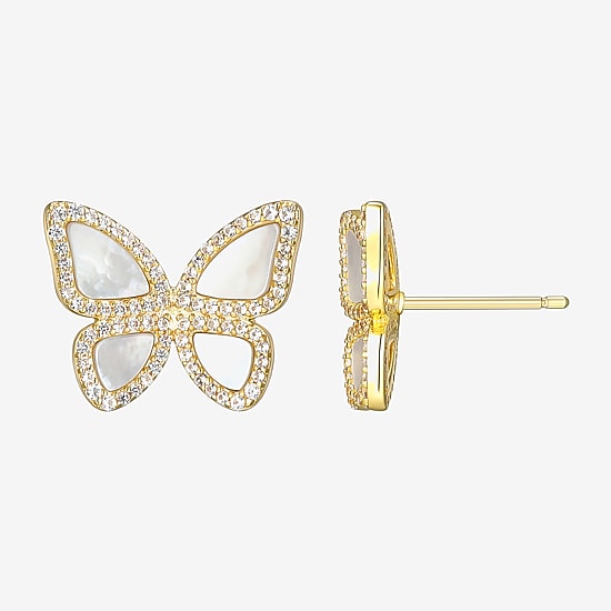 White Mother Of Pearl 18K Gold Over Silver 13.1mm Butterfly Stud Earrings