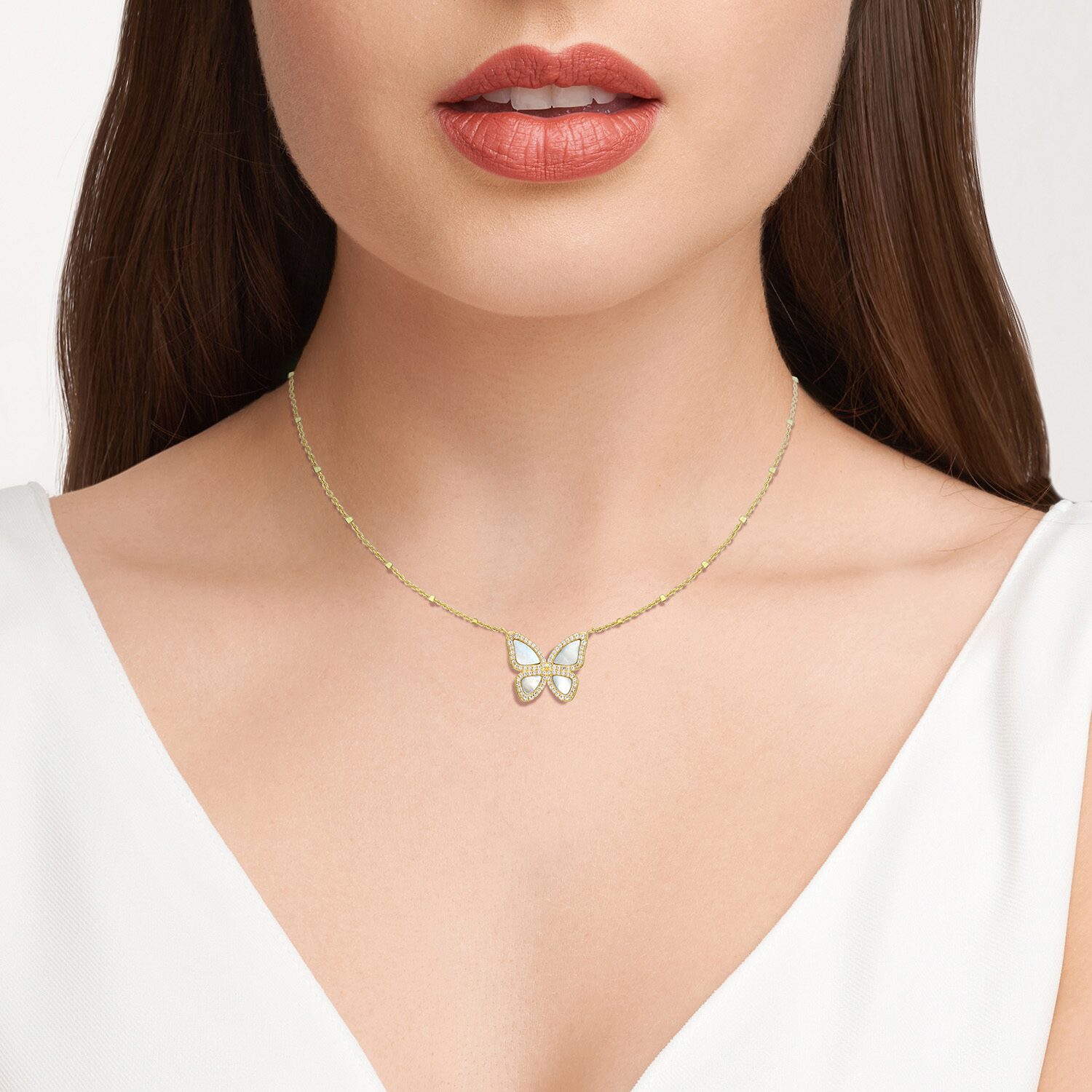 Womens White Mother Of Pearl 18K Gold Over Silver Butterfly 18 Inch Pendant Necklace