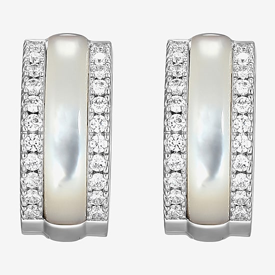 Womens White Mother Of Pearl Sterling Silver 15.6mm Hoop Earrings