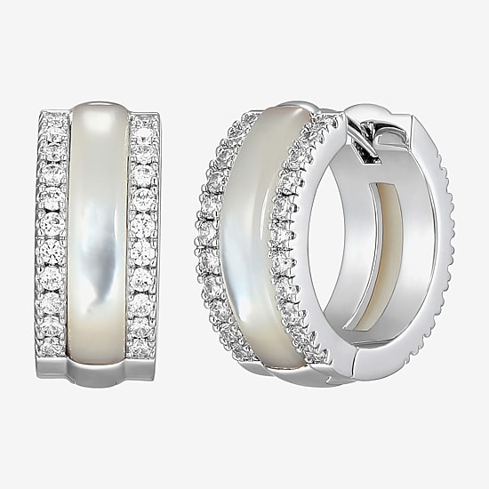 Womens White Mother Of Pearl Sterling Silver 15.6mm Hoop Earrings