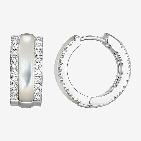 Womens White Mother Of Pearl Sterling Silver 15.6mm Hoop Earrings