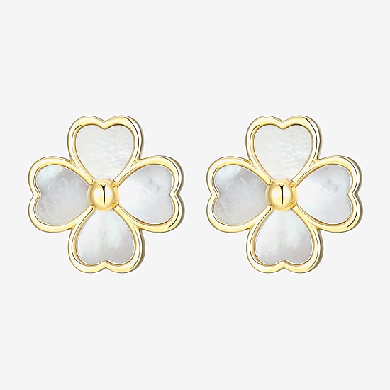 White Mother Of Pearl 18K Gold Over Silver 13.1mm Flower Stud Earrings