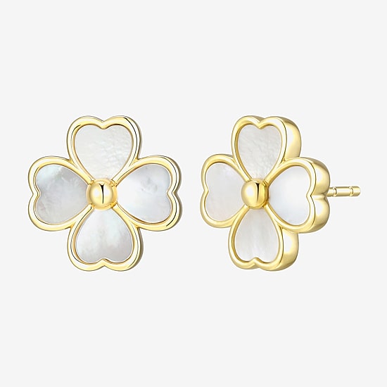 White Mother Of Pearl 18K Gold Over Silver 13.1mm Flower Stud Earrings
