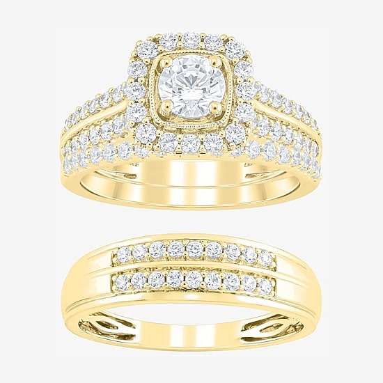 (F /Vs2) 3PC His and Hers Trio Wedding Set Featuring 1 1/2 CT. T.W. Lab Grown White Diamond 10K Gold Side Stone Wedding Bridal Set