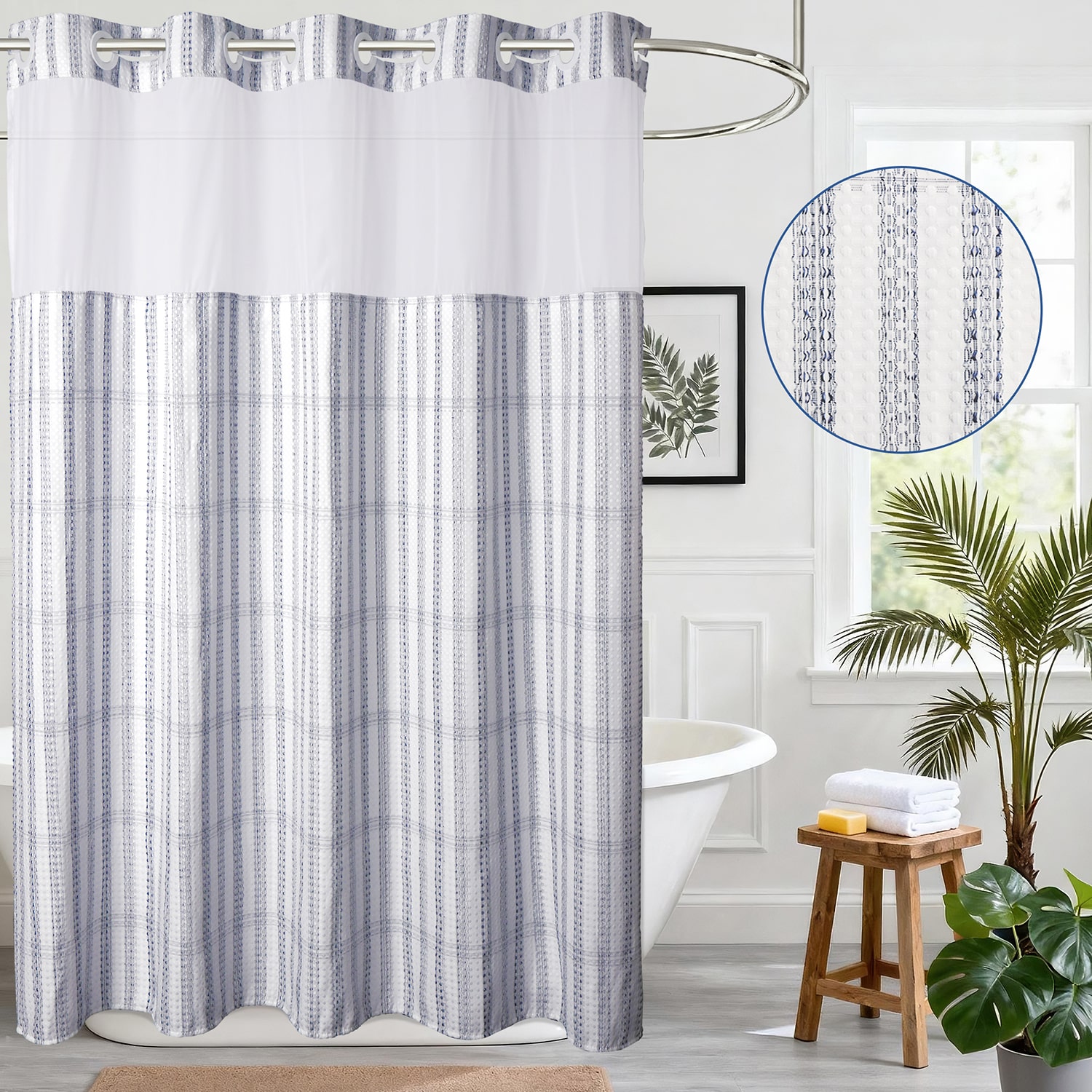 Awesome Home™ No Hook Plaid Waffle Snap-In Liner Shower Curtain