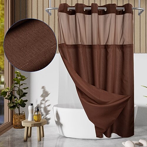 Awesome Home No Hook Slub Linen Texture Peva Snap-in Liner Shower Curtain In Brown