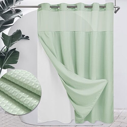 Awesome Home No Hook Waffle Snap-in Liner Shower Curtain In Green