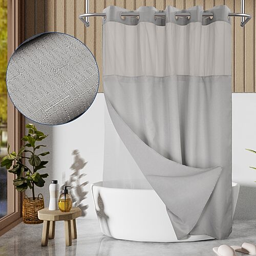 Awesome Home No Hook Slub Linen Texture Peva Snap-in Liner Shower Curtain In Gray