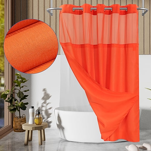 Awesome Home No Hook Slub Linen Texture Peva Snap-in Liner Shower Curtain In Orange