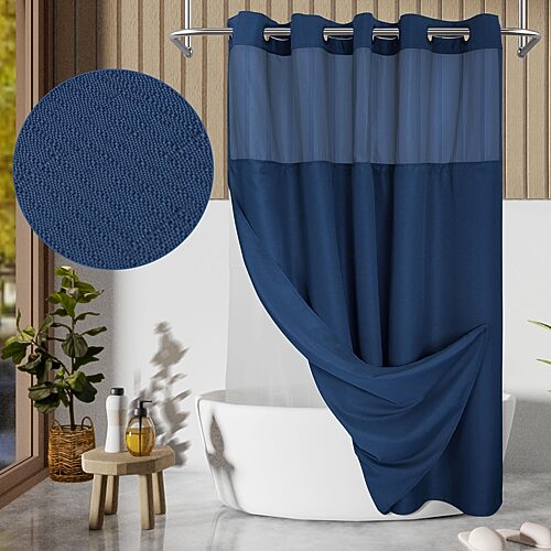 Awesome Home No Hook Slub Linen Texture Peva Snap-in Liner Shower Curtain In Blue