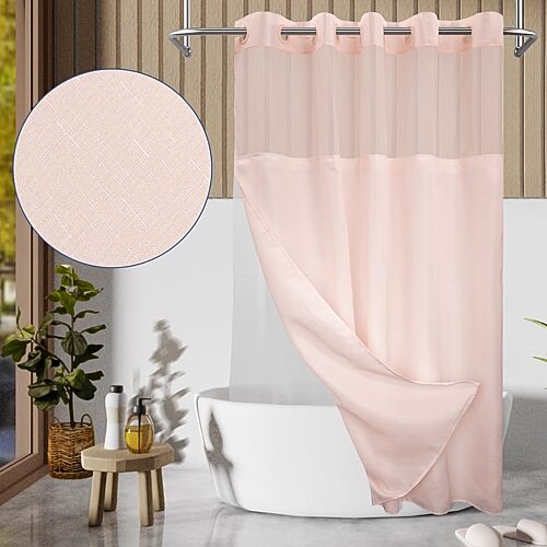 Awesome Home No Hook Slub Linen Texture Peva Snap-in Liner Shower Curtain In Pink