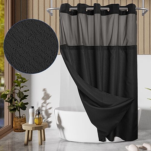 Awesome Home No Hook Slub Linen Texture Peva Snap-in Liner Shower Curtain In Black