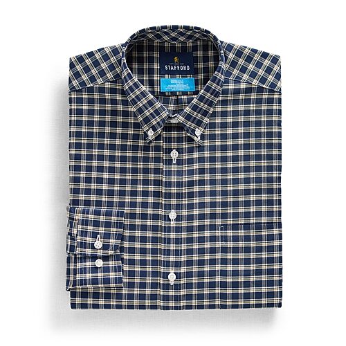 Stafford Coolmax All Season Ecomade Oxford Mens Regular Fit Stretch Fabric Wrinkle Free Long Sleeve Dress Shirt, 17-17.5 36-37, Blue
