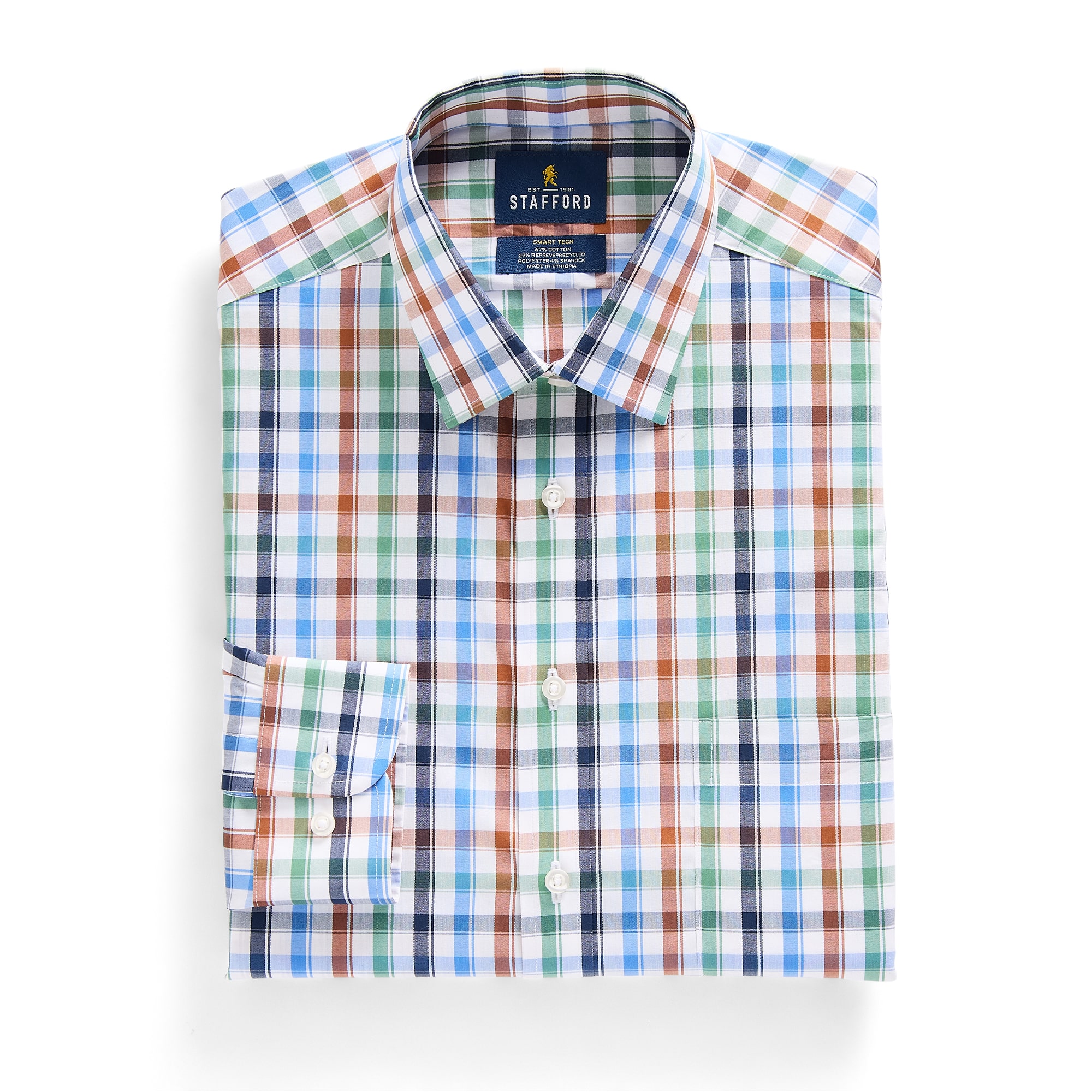 Stafford Smart Tech Mens Slim Fit Stretch Fabric Wrinkle Free Long Sleeve Dress Shirt