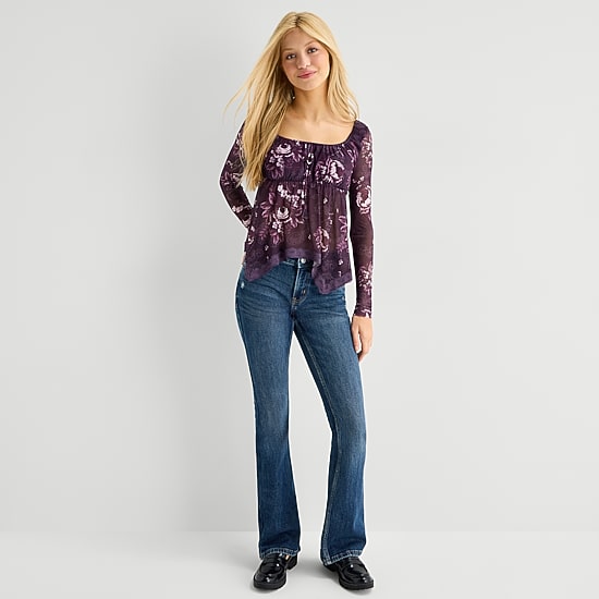Arizona Womens Juniors Scoop Neck Long Sleeve Blouse