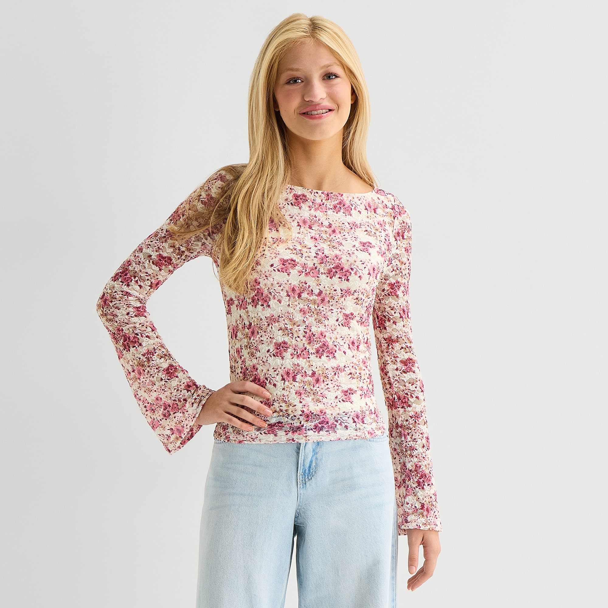 Arizona Womens Juniors Crew Neck Long Sleeve Lace Blouse