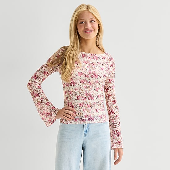 Arizona Womens Juniors Crew Neck Long Sleeve Blouse