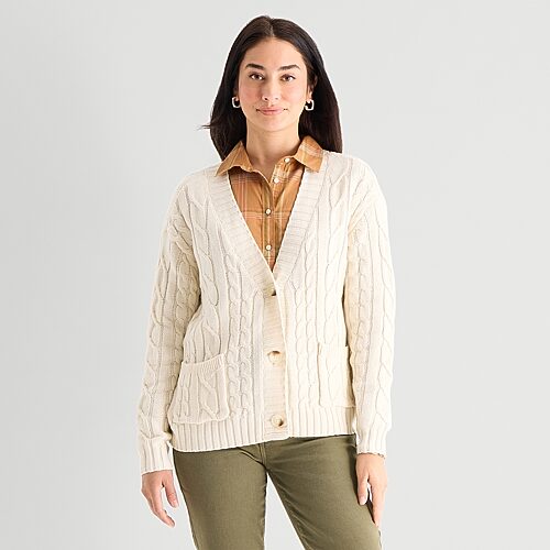 St. John's Bay Womens Long Sleeve Button Cable Knit Cardigan In Beige