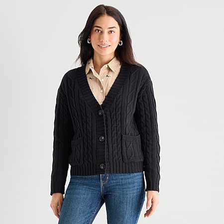 St. John's Bay Womens Crew Neck Short Sleeve Button Striped Cable