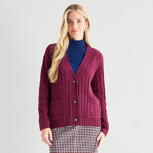 St. John's Bay Womens Long Sleeve Button Cable Knit Cardigan In Red