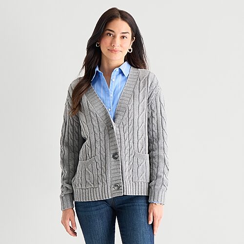 St. John's Bay Womens Long Sleeve Button Cable Knit Cardigan In Gray