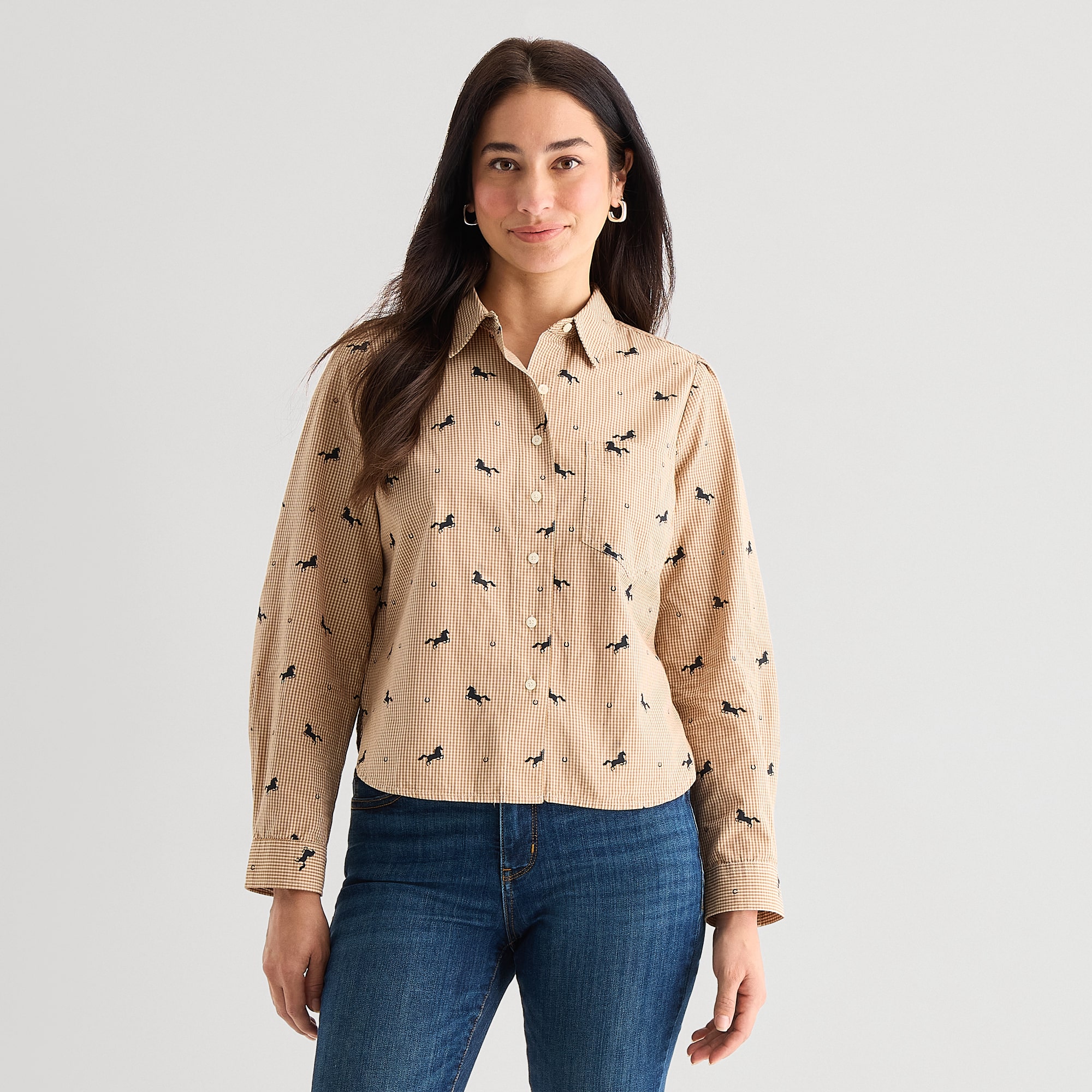 St. John's Bay Womens Long Sleeve Regular Fit Embroidered Button-Down Shirt