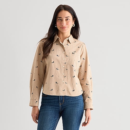 St. John's Bay Womens Long Sleeve Regular Fit Embroidered Button-down Shirt In Brown