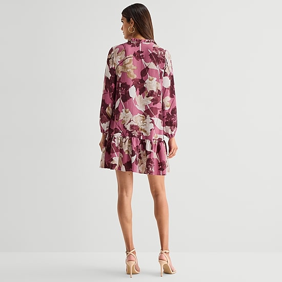 Be by CHETTA B Womens Split Tie Neck Long Sleeve Floral Shift Dress
