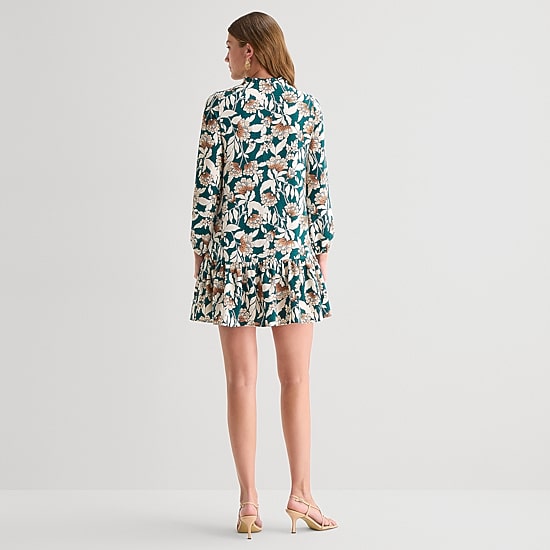 Be by CHETTA B Womens Split Tie Neck Long Sleeve Floral Shift Dress