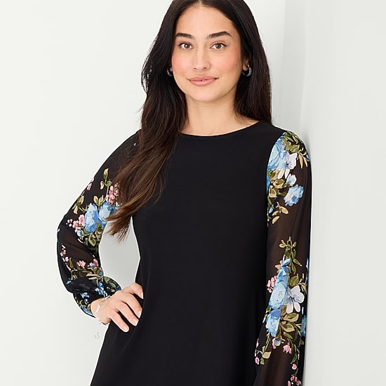 MSK Womens Round Neck Long Sleeve Floral Shift Dress