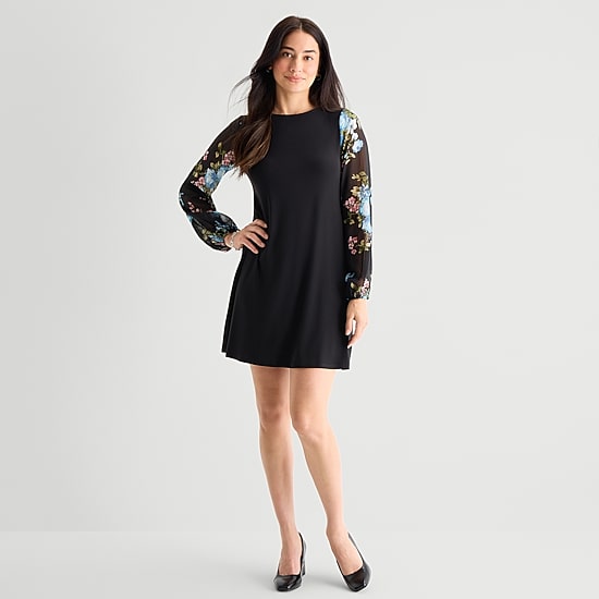 MSK Womens Round Neck Long Sleeve Floral Shift Dress