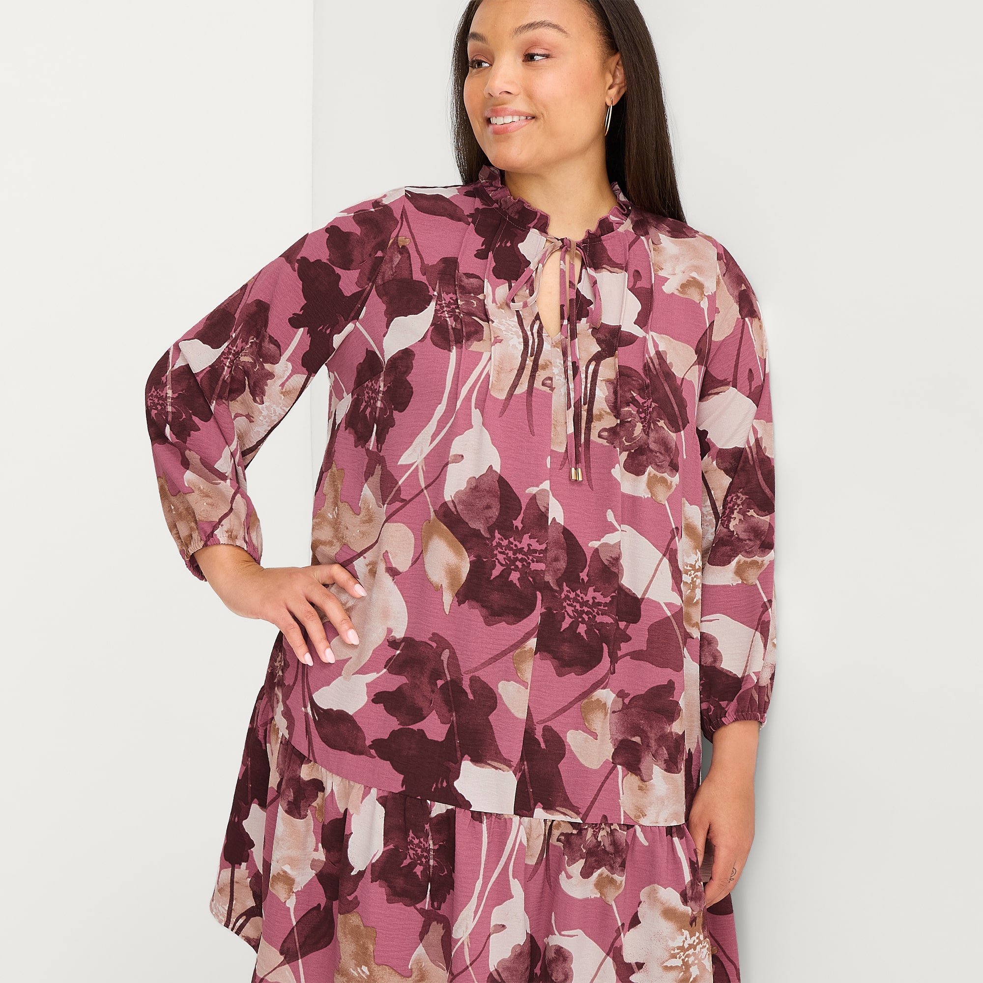 Be by CHETTA B Womens Plus 3/4 Sleeve Floral Shirt Dress