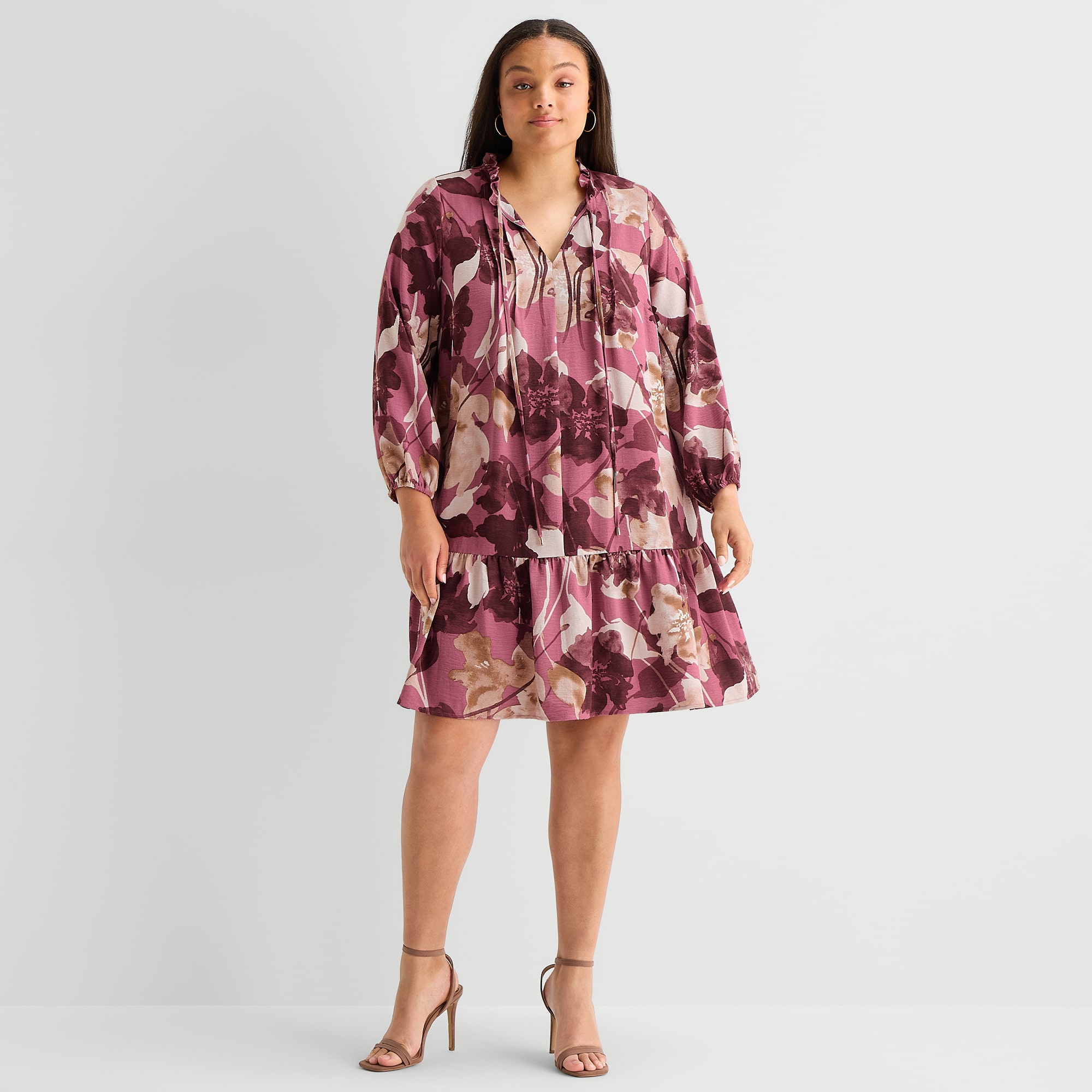 Be by CHETTA B Womens Plus 3/4 Sleeve Floral Shirt Dress