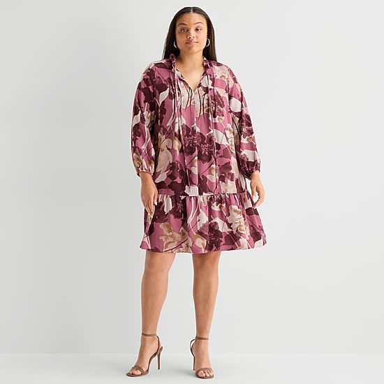 Be by CHETTA B Womens Plus 3/4 Sleeve Floral Shirt Dress