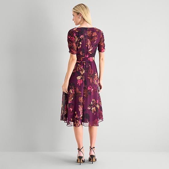 Marc New York Womens Midi V Neck Short Sleeve Ruched Sleeve Floral Fit + Flare Dress